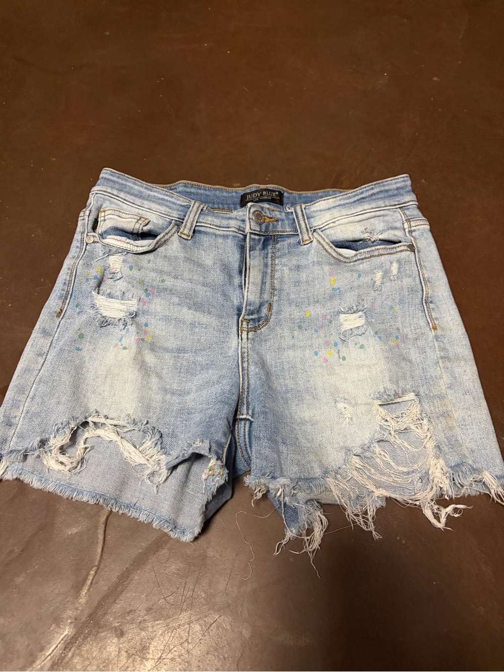 Judy Blue Light Wash Distressed Denim Shorts with Paint-Splash Detail
